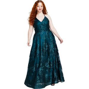 BCX Womens Embroidered, Floral Gown Dress, Green, NWT